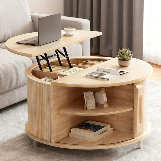 Round Lift Top Coffee Table, 31.5" Fluted Wood Accent Coffee Table with 180° Curved Sliding Door, Hidden Storage, Mid Century Modern Center Table for Living Room Office Small Spaces, Oak