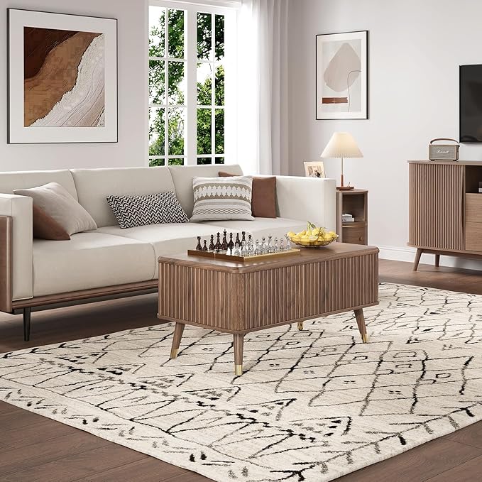 Lift Top Coffee Table with Storage, Mid Century Modern Coffee Table with Solid Wood Legs, 38" Minimalist Fluted Center Table for Living Room, Home Office, Walnut
