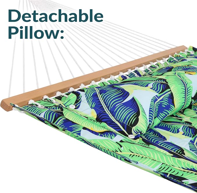 Sunnydaze Quilted Double Hammock for Outside with Spreader Bars and Pillow - 450 lb Capacity, 74x55 Inch Bed, UV Resistant, Quick Dry - Chains Included, Stand Sold Separately - Exotic Foliage - Image 7