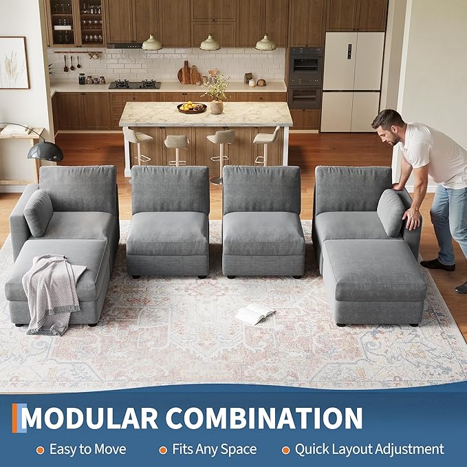 GAOMON Oversized Modular Sectional Sofa, 6 Seater Sectional Couch, 136" U Shaped Sofa with Movable Ottoman, Convertible Modular Couch for Living Room Apartment and Office, Chenille Grey
