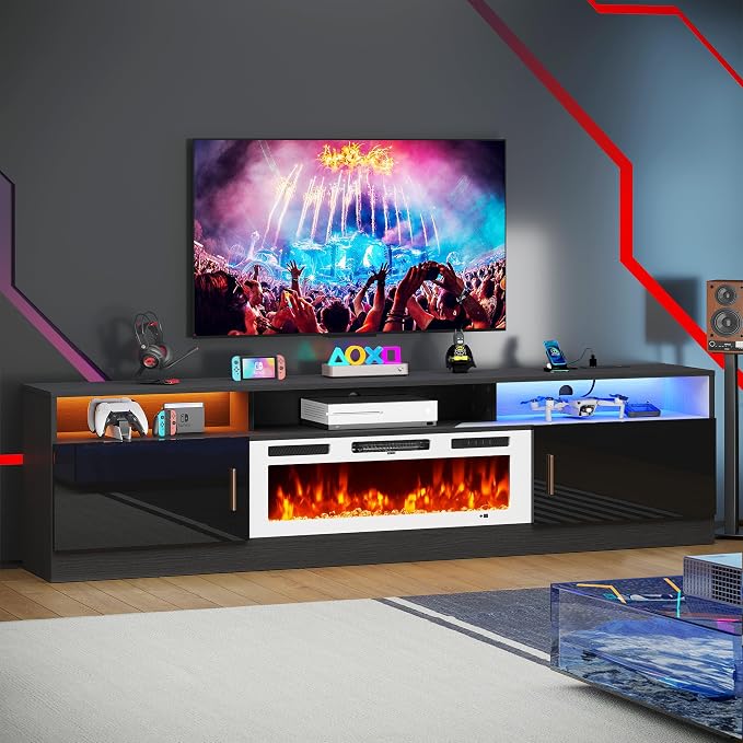 MXV 78" Fireplace TV Stand with Power Outlet for TVs UP to 90", Electric Fireplace Entertainment Center with LED Lights & Storage Cabinets, TV Console for Living Room, Office, Black-White by Unknown