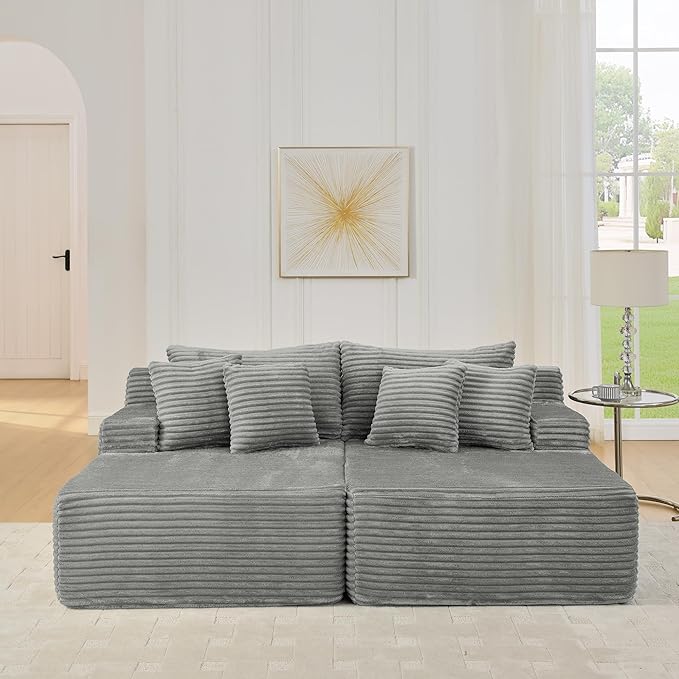 Fluffy Corduroy Double Chaise Lounge Daybed 83-Inch Oversized Loveseat Sleeper Sofa Bed,Boneless Love Seat Recliner Sleeper Couch Full Foam Floor Cloud Sofa Chaise W/6 Pillows for Living Room Bedroom