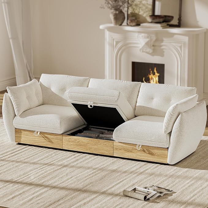 98" 3-Seater Cloud Couch Sectional Modular Sofa with Storage, Cotton and Linen Fabrics Modern Oversized Deep Seat Sofa with Armrest Pillow, Easy Assembly for Living Room, Apartment, Ivory