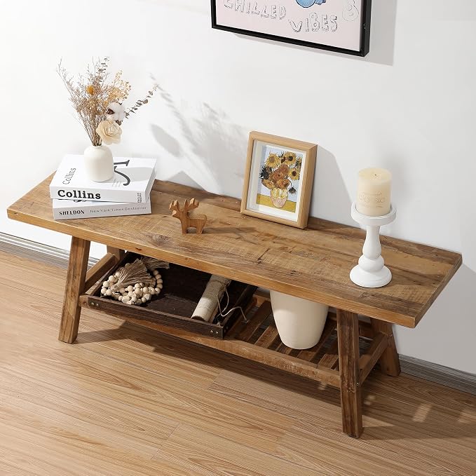 HOKYHOKY Reclaimed Solid Wood Bench-43.3" Farmhouse Entryway Bench with Storage Shelf, Narrow Rustic Bench for Hallway, Kitchen, Bedroom, Dining - Image 6