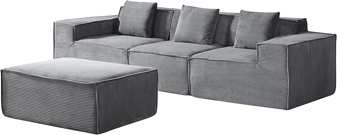 Rowan Convertible Corduroy Sectional Couch with Ottoman & Pillows, Modular L Shaped Sleeper Sofa, Boneless Cloud Couch for Living Room Furniture, Dark Grey