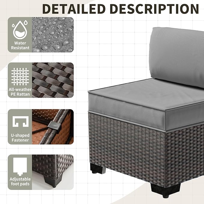 Gotland 12 Pieces Patio Furniture Set, Wicker Outdoor Sectional with Wide Armrests 29.5'' High Backrest 4'' Thick Waterproof Cushions, Oversized Patio Furniture for Deck Garden Gray