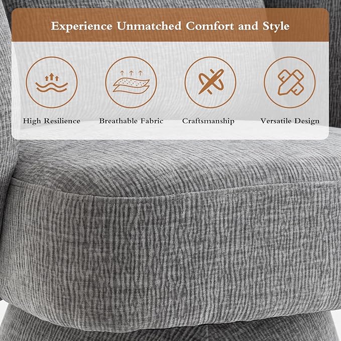 360° Swivel Accent Chair, Modern Velvet Barrel Chair with Pillow, Upholstered Single Sofa for Living Room, Bedroom, Office. Grey