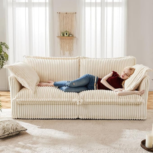 KEIKI 83" Corduroy Sectional Sofa, White Comfy Sleeper Cloud Couch Set with 2 Pillows, Modern Deep Soft Cushion Seat Sofa, Cozy Upholstered Loveseat for Apartment & Living Room, Cream
