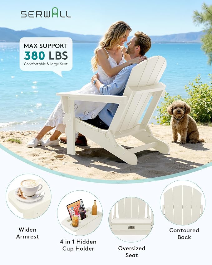 SERWALL Folding Adirondack Chair, Outdoor Adirondack Chairs with Multi-Functional Cup Holder, Wood-Like Patio Chairs, Lawn Chairs, All Weather Plastic Fire Pit Chair for Garden, Backyard, Deck - White - Image 6