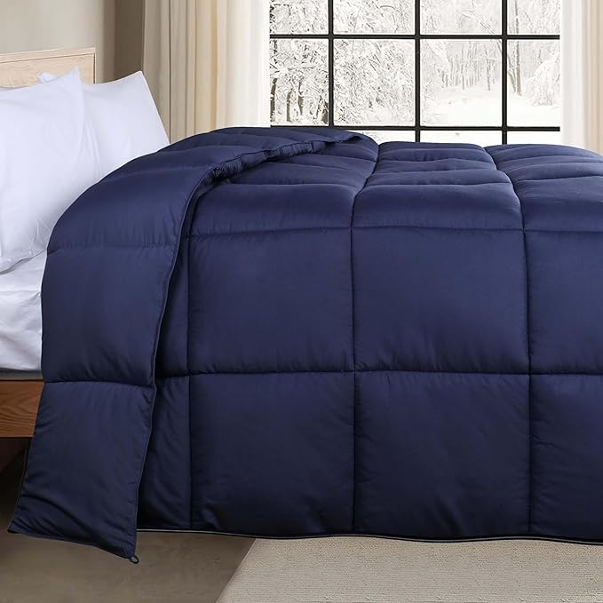 Superior Brushed Microfiber Comforter, Down Alternative Bedding, Medium Weight, Soft Bed Cover, Plush Duvet Insert, Oversized Blanket, Box Quilt, Reversible Comforter, Twin/Twin XL, Navy Blue