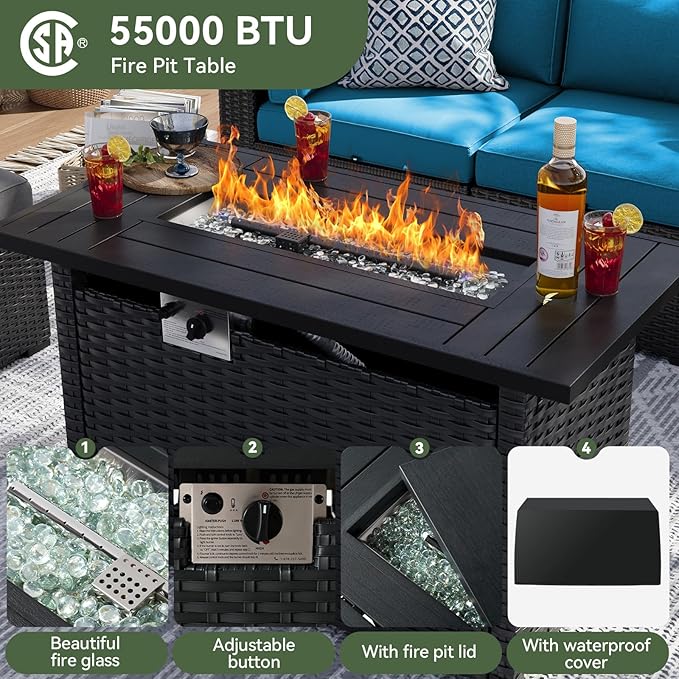 Aoxun 8 Piece Patio Furniture Set with 44” Fire Pit Table, Wicker Rattan Patio Sectional Sofa, Outdoor Furniture Set with Thickened Cushion, Light Gray