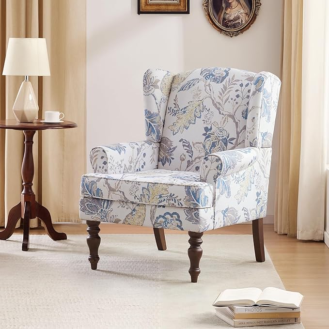 HUIMO Printed Wingback Accent Chair, Linen Upholstered High Back Armchair, Comfy Reading Chair for Living Room Bedroom Study, 300lbs Weight Capacity (1, Blue Floral)