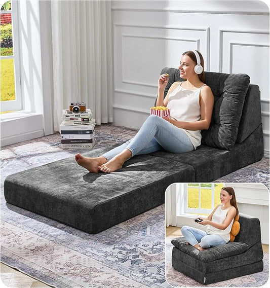Hobestluk Sofa Couch Folding Sofa Bed Comfy Floor Lounger Convertible Sofa with Removable Cushion Couches for Small Spaces Foldable Mattress for Living Room Bedroom or Office (Chenille Grey, Large)