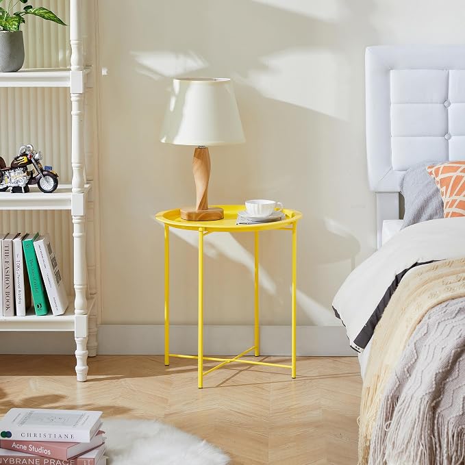 VECELO Side/End Table, Folding Round Metal Anti-Rust and Waterproof Outdoor or Indoor Tray for Living Room Bedroom Balcony and Office, 1 PCS,Yellow - Image 6