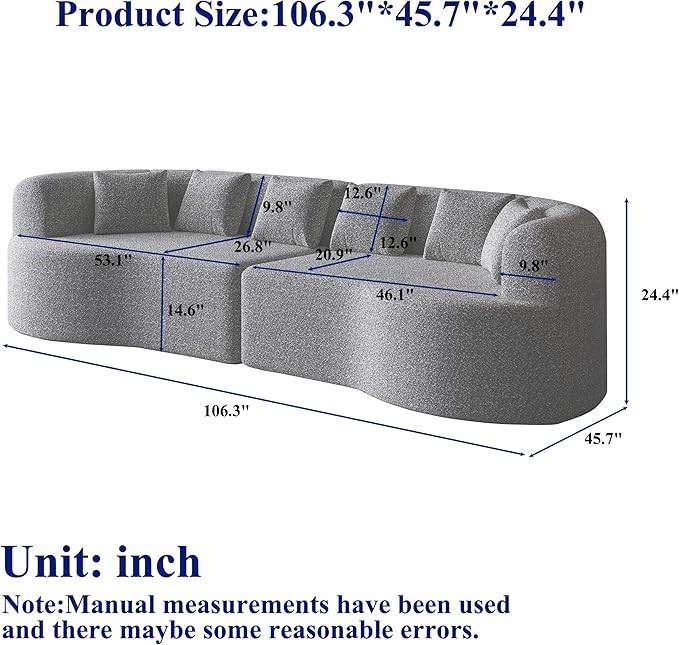 106-Inch Curved Boneless Sofa Couches Compressed 4-Seat Foam Couch for Living Room Bedroom, Boneless Modular Cloud Sofa Curved Floor Couch with 6 Pillows, No Assembly