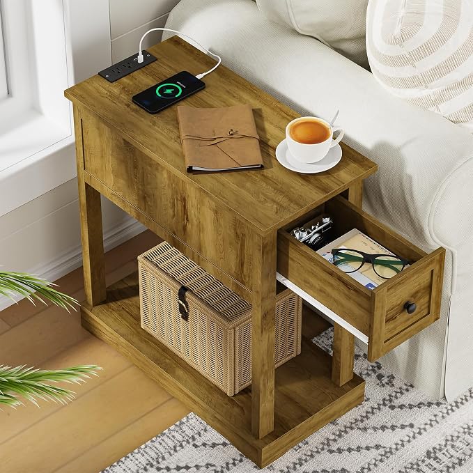 Farmhouse Nightstand with Charging Station, Side Table with Storage, Thicken Base, for Bedroom, Brown - Image 2