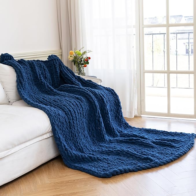 Chunky Knit Blanket - Luxury Soft Cozy 40 * 50 Throw Blanket,100% Woven Blanket Rope Knot Throw Blanket for Couch, Sofa, Home Decor, Gift - Machine Washable (Deep Blue, 40 * 50)