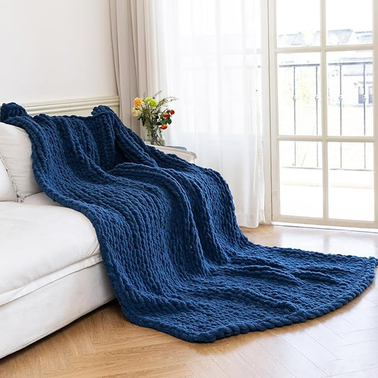 Chunky Knit Blanket - Luxury Soft Cozy 50 * 60 Throw Blanket,100% Woven Blanket Rope Knot Throw Blanket for Couch, Sofa, Home Decor, Gift - Machine Washable (Deep Blue, 50 * 60)