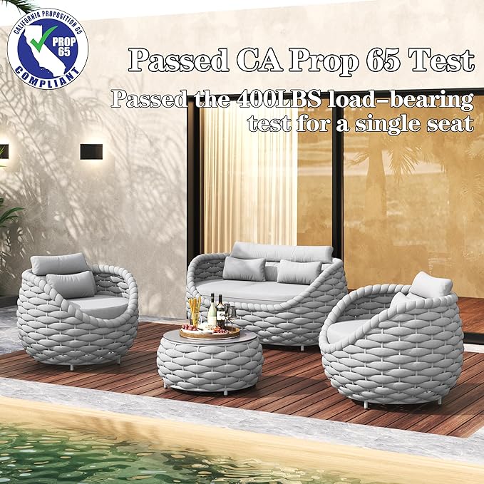 TWT 5 Pieces Patio Furniture Set, Outdoor Rope Conversation Sectional Patio Sofa with 5 Seater for Backyard, Porch, Modern Armchairs with Thickness Cushions and Side Table, Light Grey