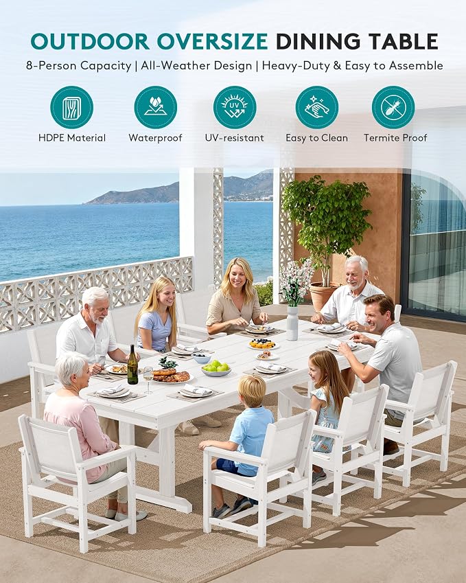 SERWALL 9 Piece Outdoor Dining Set, 84" HDPE Outdoor Large Table and Textilene Sling Chairs for 8，All Weather Patio Dining Furniture Set with Umbrella Hole for Backyard, Garden, White - Image 8