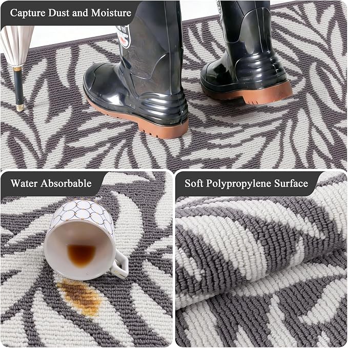 Ileading Indoor Door Mat 32"x48" Absorbent Dog Muddy Paws Mat Low-Profile Entrance Leaves Runner Rug with Non-Slip Rubber Backing Machine Washable Inside Welcome Mat for Hallway,Kitchen(Grey) - Image 4