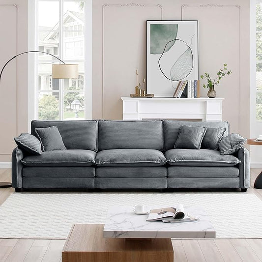 KEIKI 115" Oversized Corduroy Modular Sectional Cloud Sofa with High-Density Foam Cushions, Removable Armrests, Upholstered Modern 3-Seater Fluffy Corner Couch with 5 Pillow, for Living Room, Grey
