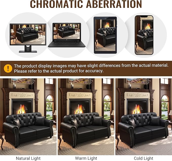 KEIKI 63" Faux Leather Chesterfield Sofa with Rolled Arms & Nailhead Trim, Modern Style 2-Seater Button Tufted Couch with High Resilience Cushion & 2 Pillow, Easy Assembly, for Living Room, Black