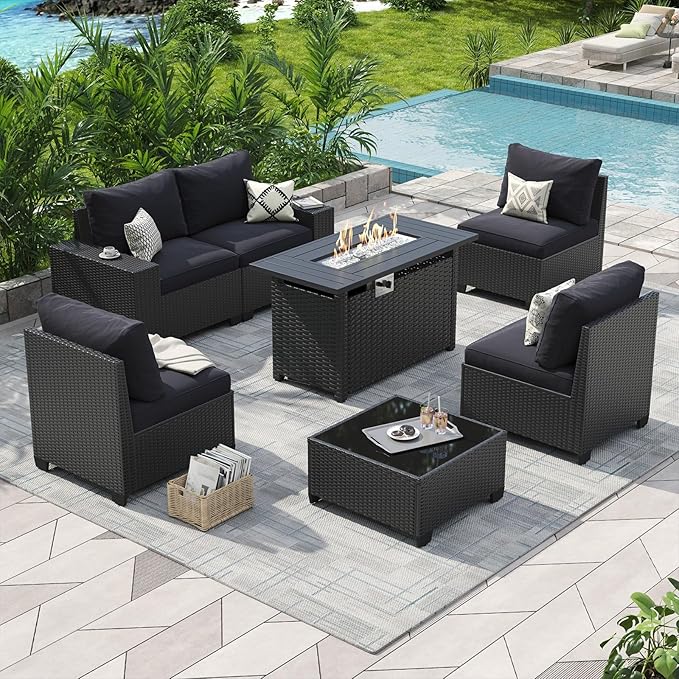 Aoxun Patio Furniture Set with 44'' Fire Pit Table, 7 Pcs Outdoor Patio Furniture Sets with 4in Thicken Cushion, Widen Armrests Wicker Outdoor Sectional for Backyard with Cover and Gas Converter