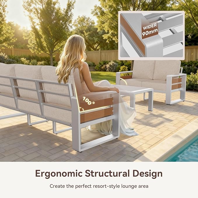 Aoxun Aluminum Patio Furniture Set, 4 Seats Luxury Metal Patio Conversation Sets with Coffee Table, Thick Cushions and Waterproof Cover, Sectional Outdoor Furniture Set for Backyard/Poolside, Beige