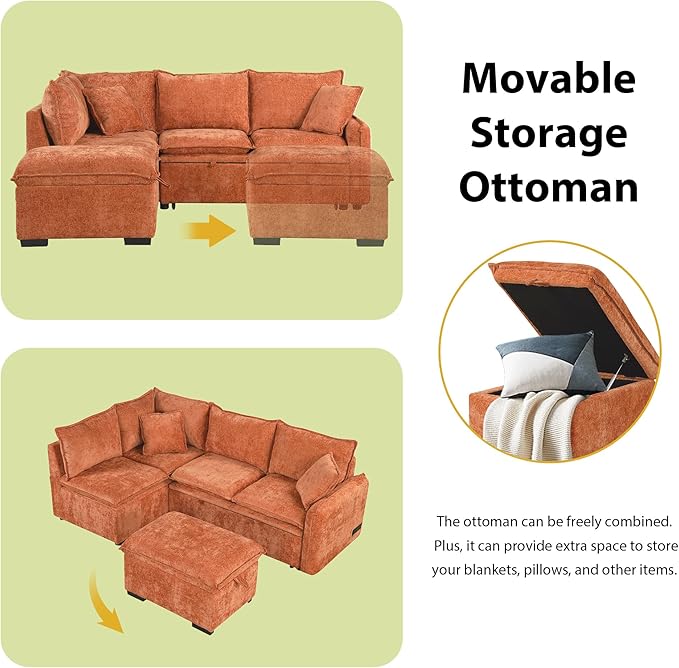 ERYE L-Shaped Corner Chenille Upholstered Sleeper Sectional Sofa Practical Convertible Sleep Sofabed W/Pull Out Sleep Couch Bed, Storage Ottoman and USB Charge Ports for Living Room