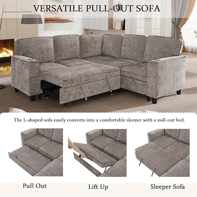 KEIKI 81" L-Shaped Oversized Chenille Modular Sectional Sleeper Sofa with Pull-Out Bed, Storage Seat, Modern 5-Seater Upholstered Couch Bed with Charging Station, Easy Assembly, for Living Room, Brown
