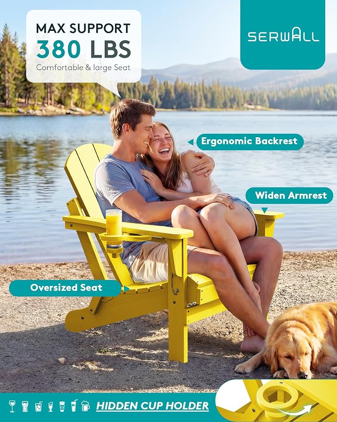 SERWALL Folding Adirondack Chair Outdoor Adirondack Chairs with Cup Holder, Weather Resistant Fire Pit Chairs for Patio - Yellow - Image 6