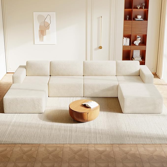 Vesgantti 159" Large Modular Sectional Sofa, U-Shaped Corduroy Cloud Couch with Deep Seats & Spring Support, 4-Seater Boneless Sofa with 2 Movable Ottomans, No Assembly Needed, Beige