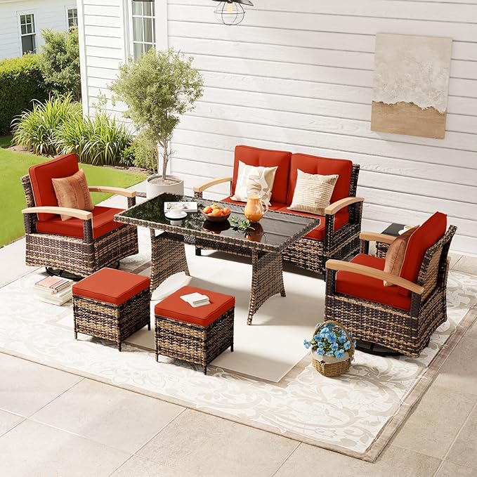 MEISSALIVVE 7 Pieces Patio Furniture Sets, PE Wicker Outdoor Conversation Sets with 2 Wood Armrests Swivel Rocker Chairs, 2 Ottomans, 2-seat Sofa and Dining Table (Red)