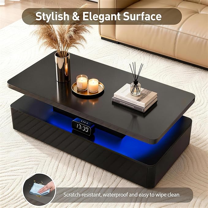 47" Modern Coffee Table with 16 Colors LED Lights, 2 Tier Rectangular Center Table with Large Storage Space, Stylish High Glossy Wooden Tea Tables for Living Room, Bedroom, Home Office, Black