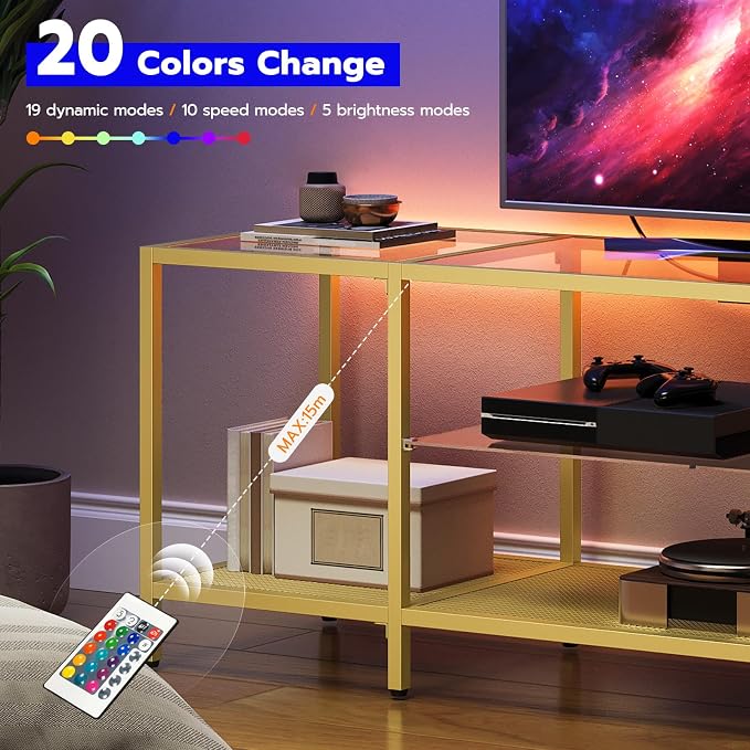 HOOBRO TV Stand with LED Lights and Power Outlets for TVs up to 65", Modern 55 Inch Tempered Glass TV Console Table with Open Shelves, Media Entertainment Center for Living Room, Gold GD145UDS01 - Image 4