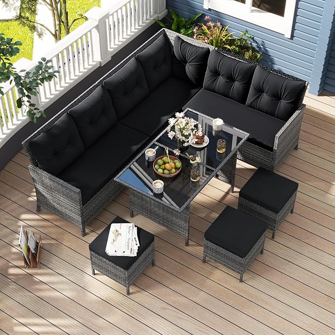 Tangkula 7 Pieces Patio Dining Furniture Set, Outdoor PE Rattan Sectional Sofa Set with Soft Cushions, Ottomans and Tempered Glass Table, Wicker Conversation Set (Mix Gray + Black)