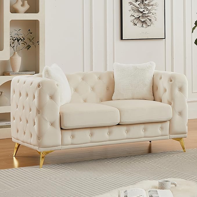 KEIKI 61" Luxury Oversized Velvet Chesterfield Sofa with 2 Pillows, Mid-Century Style 2-Seater Tufted Buttons Couch with High-Density Foam Cushions, Easy Assembly, for Apartment, Living Room, Beige
