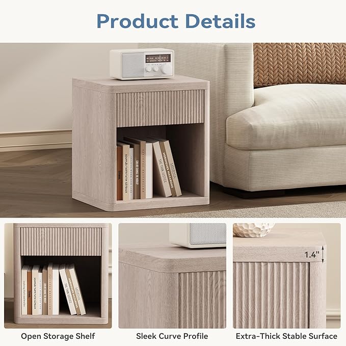 DUMOS 22.7" Modern Night Stand with Drawer and Open Shelf, Mid Century Bedside Table for Bedroom, Wood End Table with Fluted Front, Sturdy Compact Sofa Side Table, White Oak - Image 5