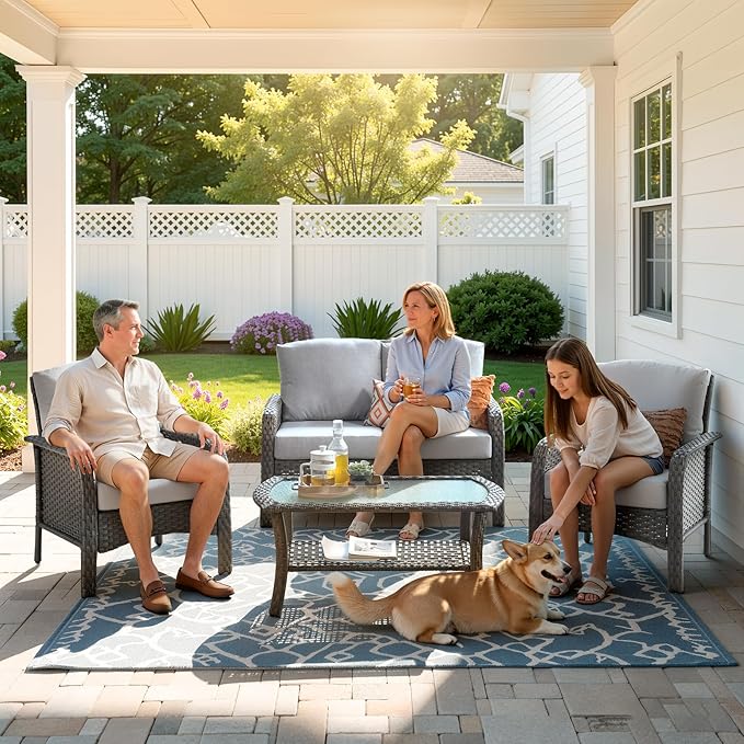 Weaxty Wicker Patio Furniture Set High Back Loveseat Sofa Couch Armchair Coffee Table, All Weather Rattan 4 Pieces Outdoor Conversation Sets for Patio Porch Deck Backyard Poolside, Gray
