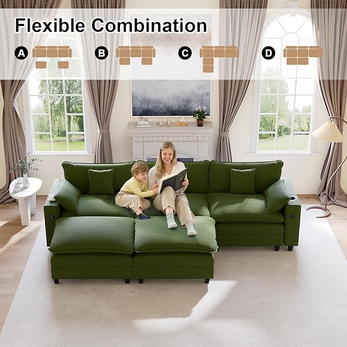 116" Modular Sectional Sofa, U Shaped Cloud Couch with Movable Ottoman, Chenille Deep Seat Cloud Sofa with Charging Station, Cup Holder, Side Pocket, Sectional Couches for Living Room, Green