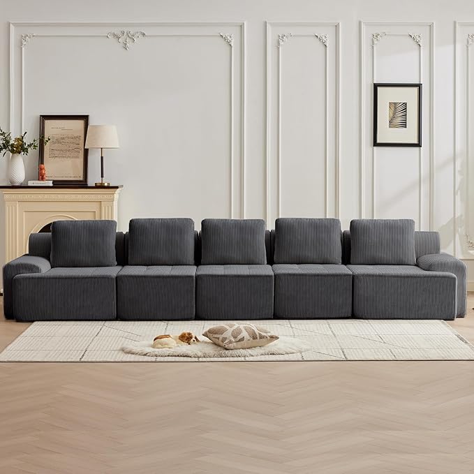 Modular Sectional Sofa with Movable Ottoman, 5 Seat Deep Seat Couch with 5 Pillows, Comfy Cloud Sectional Sofa for Living Room, Bedroom and Apartment (Grey, 1 Left+1 Right+3 Middle)