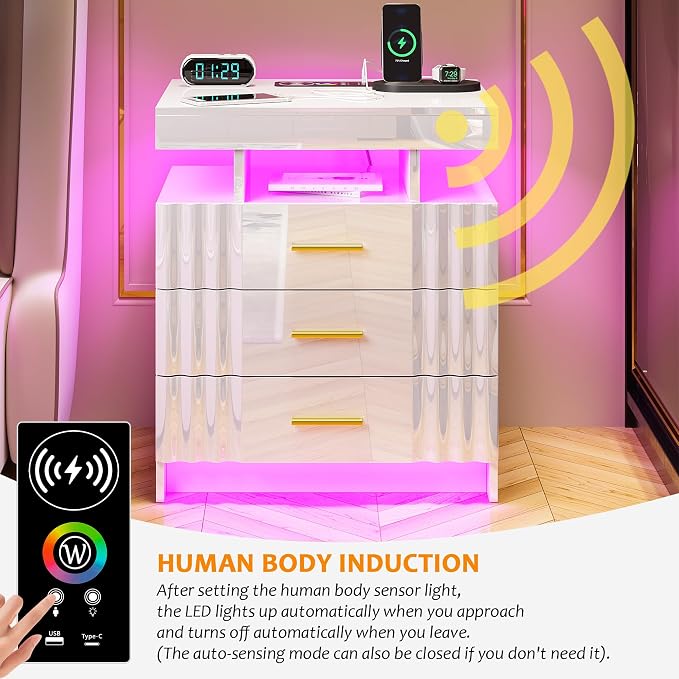 HNEBC LED Nightstand Set of 2,White Night Stand with Charging Station-USB+Type-C+Wireless Charging,Smart Bedside Table has Auto Sensor, High Gloss Bedside with 3 Drawers for Bedroom (1PCS-Black) - Image 8