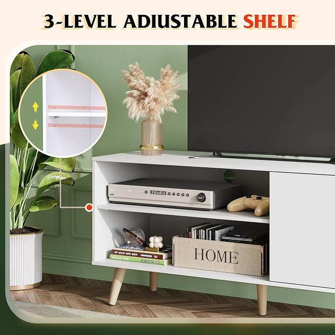 WLIVE TV Stand for 55 Inch TVs, Entertainment Center with Storage Cabinet, Mid-Century TV Stands for Living Room and Bedroom, 50" TV Console, White - Image 6