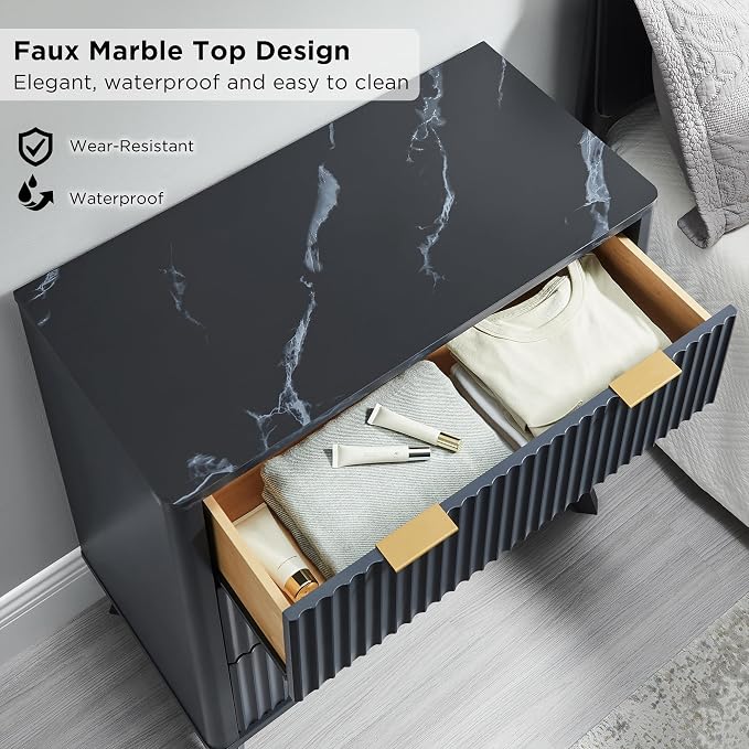 T4TREAM Fluted 3 Drawer Dresser, 32" Tall Modern Chest of Drawers with Faux Marble Top, Curved Profile Design, Wood Drawer Organizer for Bedroom, Living Room, Hallway, Entryway, Dark Grey - Image 4