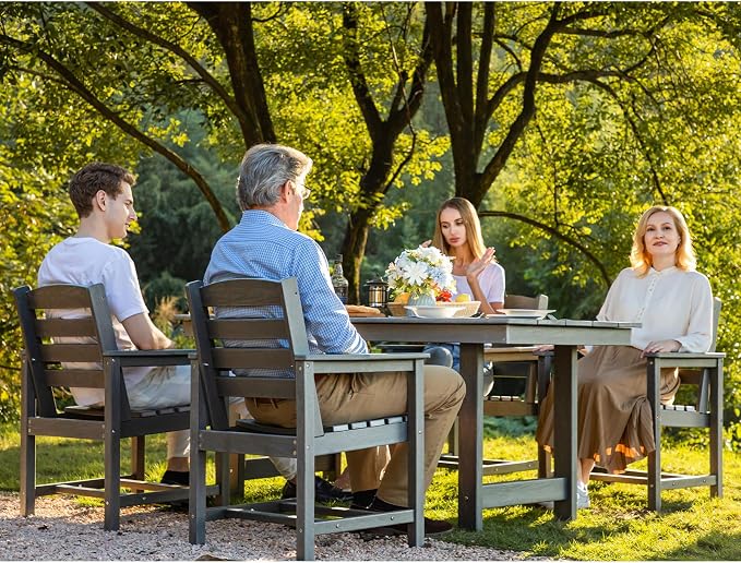 SERWALL Modern Patio Dining Set, 5-Piece Rectangular HDPE Dining Table with Umbrella Hole & 4 Chairs, Grey - Image 8