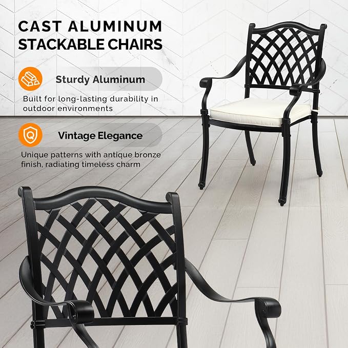 VINGLI Patio Chairs Set of 4 - Stackable Outdoor Cast Aluminum Dining Chairs with Vintage Black Finish and Diamond Pattern, Metal Armchairs for Poolside, Backyard, Balcony (with Cushion) - Image 4