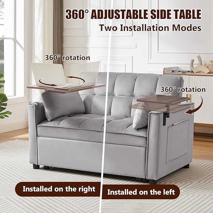 3 in 1 Sleeper Sofa Couch Bed, Pull Out Loveseat with Storage, Full Size Velvet Convertible Chair with 2 Pockets & 2 Pillows for Living Room, Grey