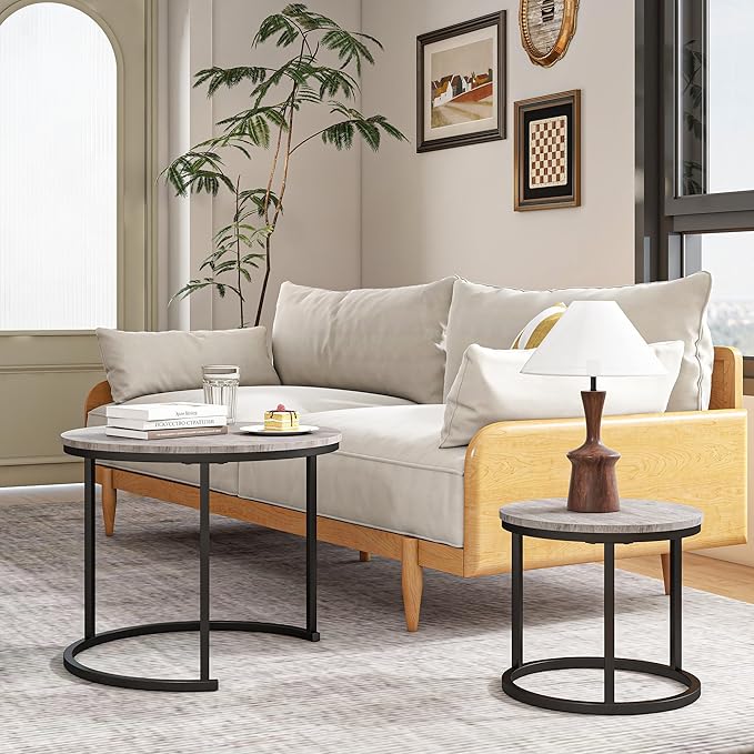 HOJINLINERO Round Coffee Table,Nesting Coffee Table Set of 2,Center Tables for Living Room,Office, Home Small Space,Stacking Side Tables,Sturdy and Easy Assembly,Wood Desktop,Black+Grey,Small