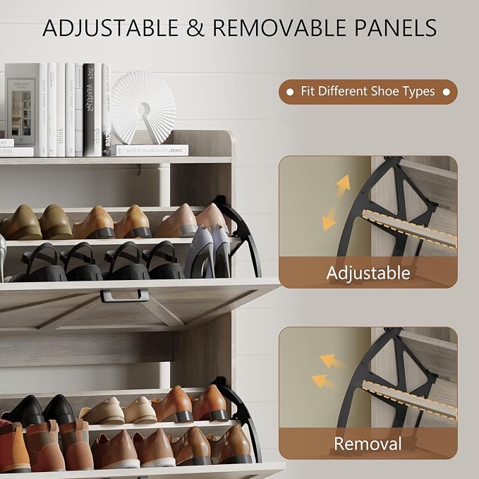Shoe Cabinet with 3 Flip Drawers, Freestanding Hidden Shoe Storage Organizer for Entryway, Narrow Slim Shoe Rack Cabinet with Open Storage & Hooks for Front Door Entrance, Living Room, Hallway, Grey - Image 4